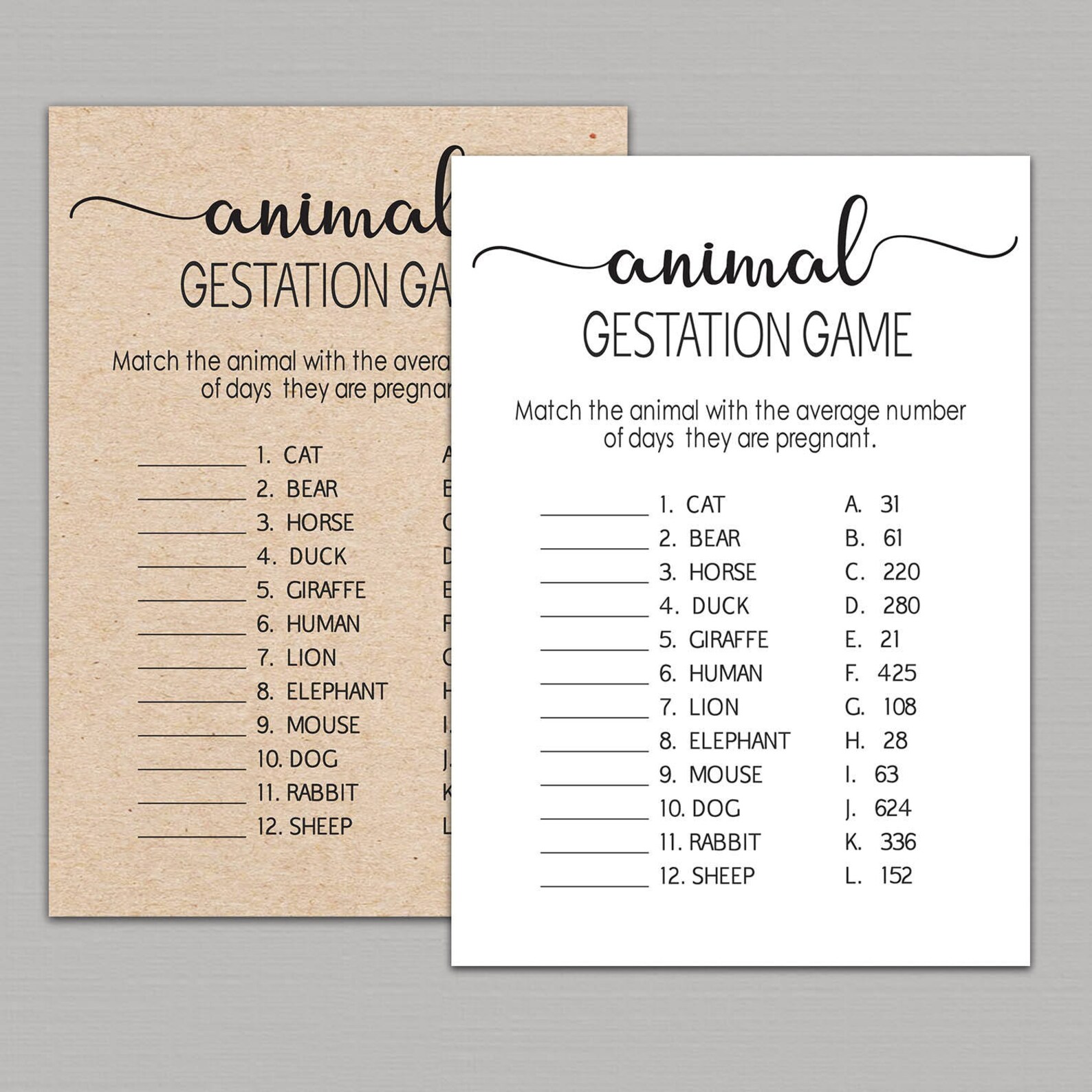 ANIMAL GESTATION GAME animal pregnancy game Pregnancy | Etsy