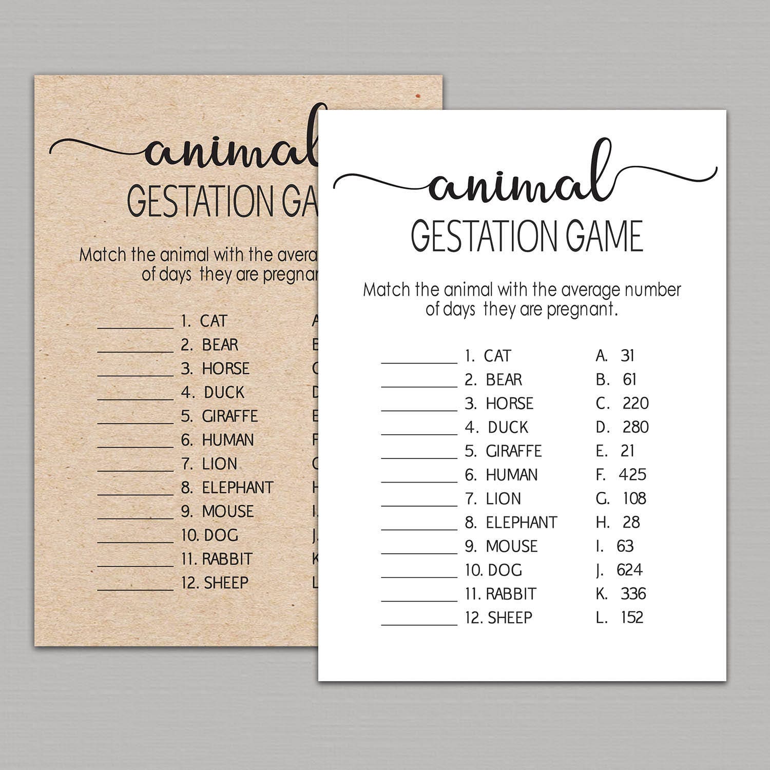 ANIMAL GESTATION GAME animal pregnancy game Pregnancy Etsy