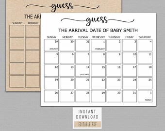 Guess baby birthday calendar, Baby Due Date Calendar poster, guess the due date, Rustic Baby Shower Game, baby predictions calendar edit B11