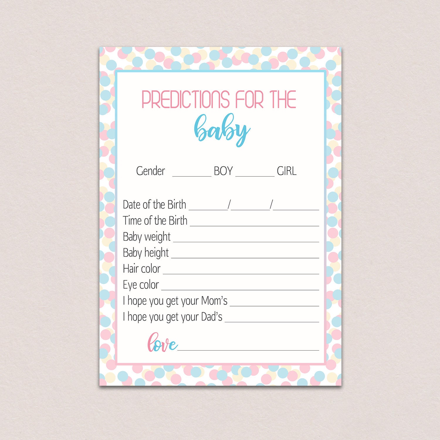 BABY PREDICTION CARDS Gender reveal party games predictions | Etsy