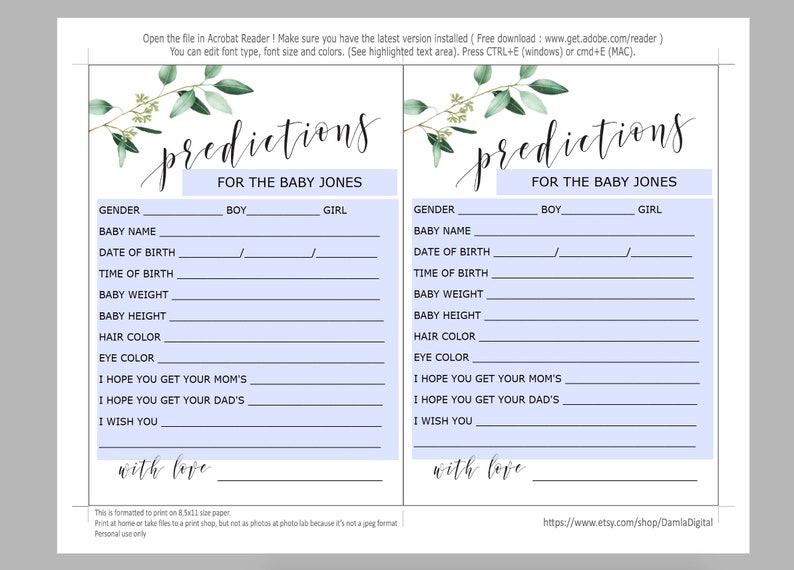 BABY PREDICTION CARDS predictions for baby printable | Etsy