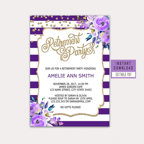 retirement invitation instant download purple retirement invitation for woman retirement party invitations download floral editable invite invitations download