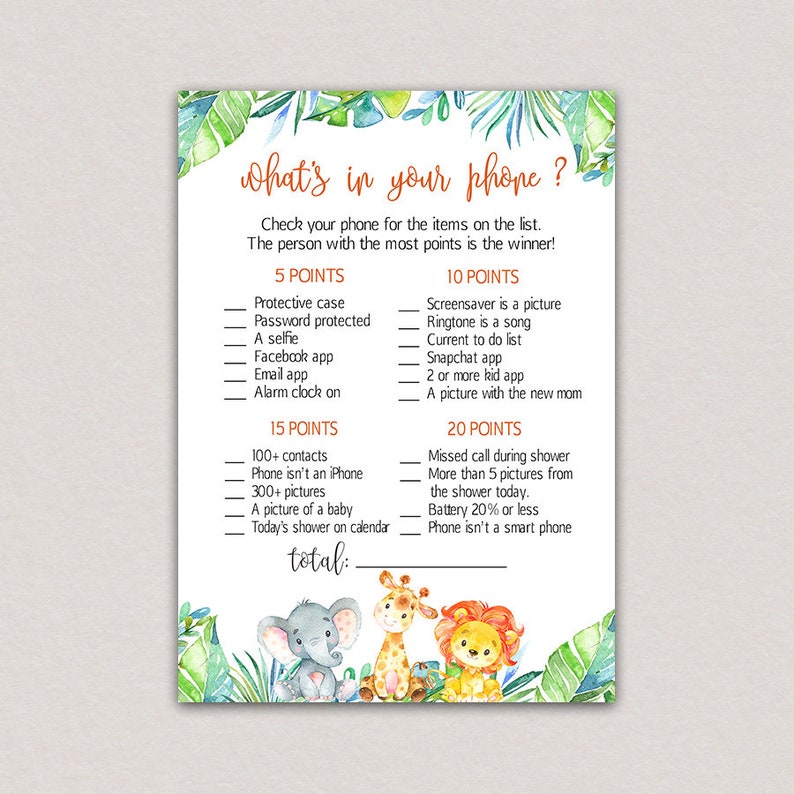 Safari Baby Shower Games Whats In Your Phone Baby Shower Etsy Safari Baby Shower Games Whats In Your Phone Baby Shower Etsy