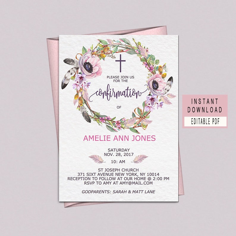 Confirmation Invitations Girls Boho Confirmation Invites Etsy