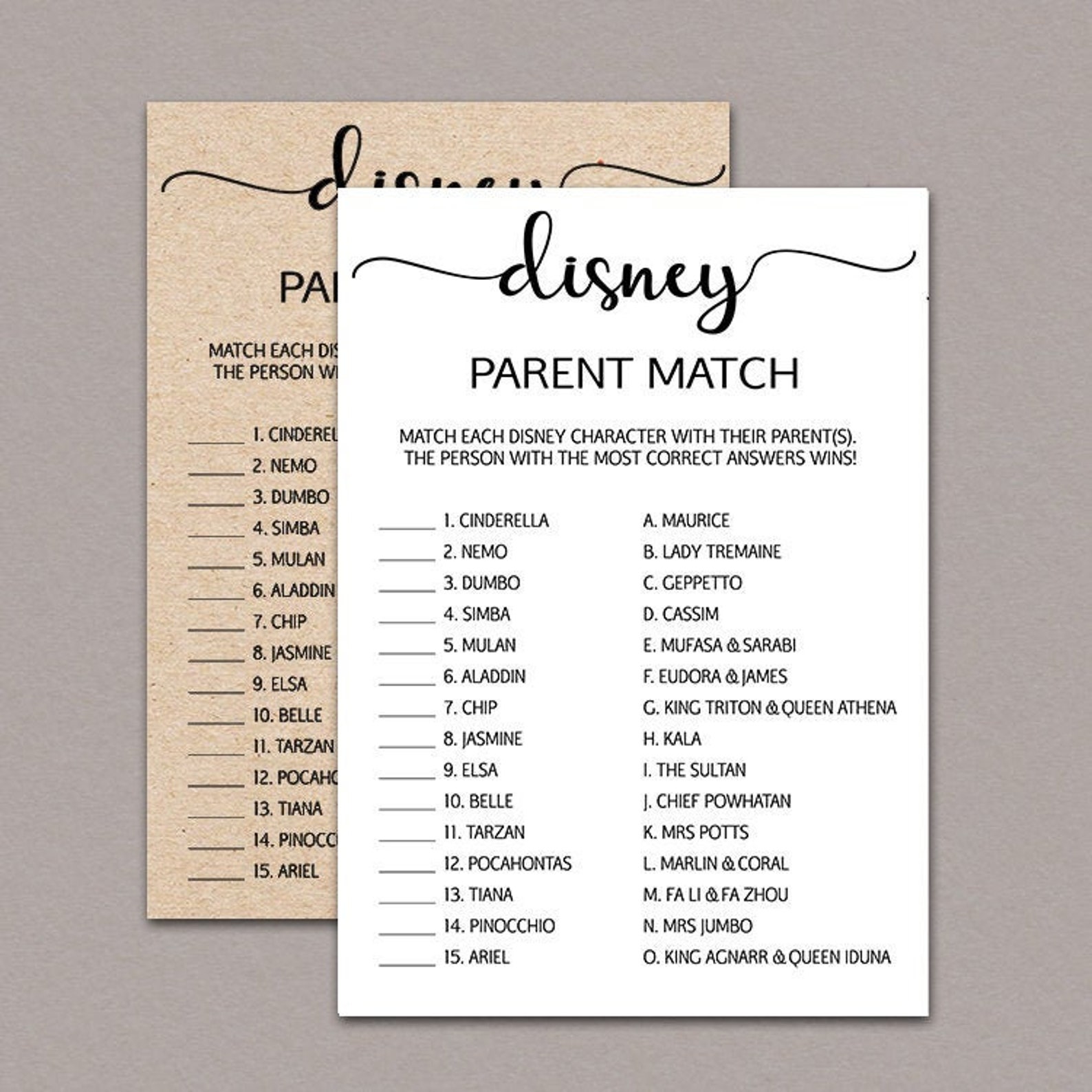 Disney parent match disney parent baby shower game rustic Etsy