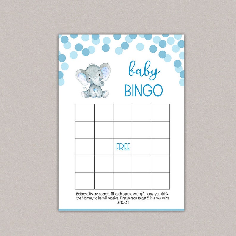 Elephant Baby Shower Bingo Game Blue Elephant Baby Shower Etsy