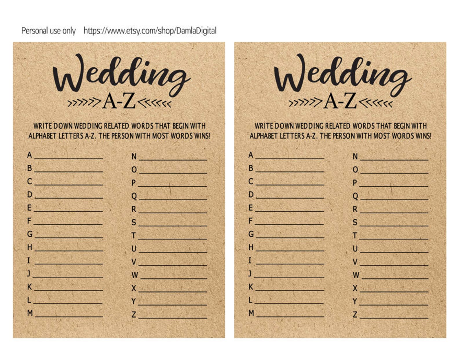 Wedding AZ Game . Bridal Alphabet Game . Bridal Shower Games Etsy