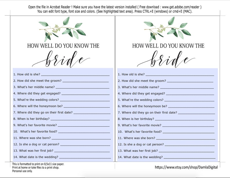 Editable How Well Do You Know the Bride WHO KNOWS the BRIDE | Etsy