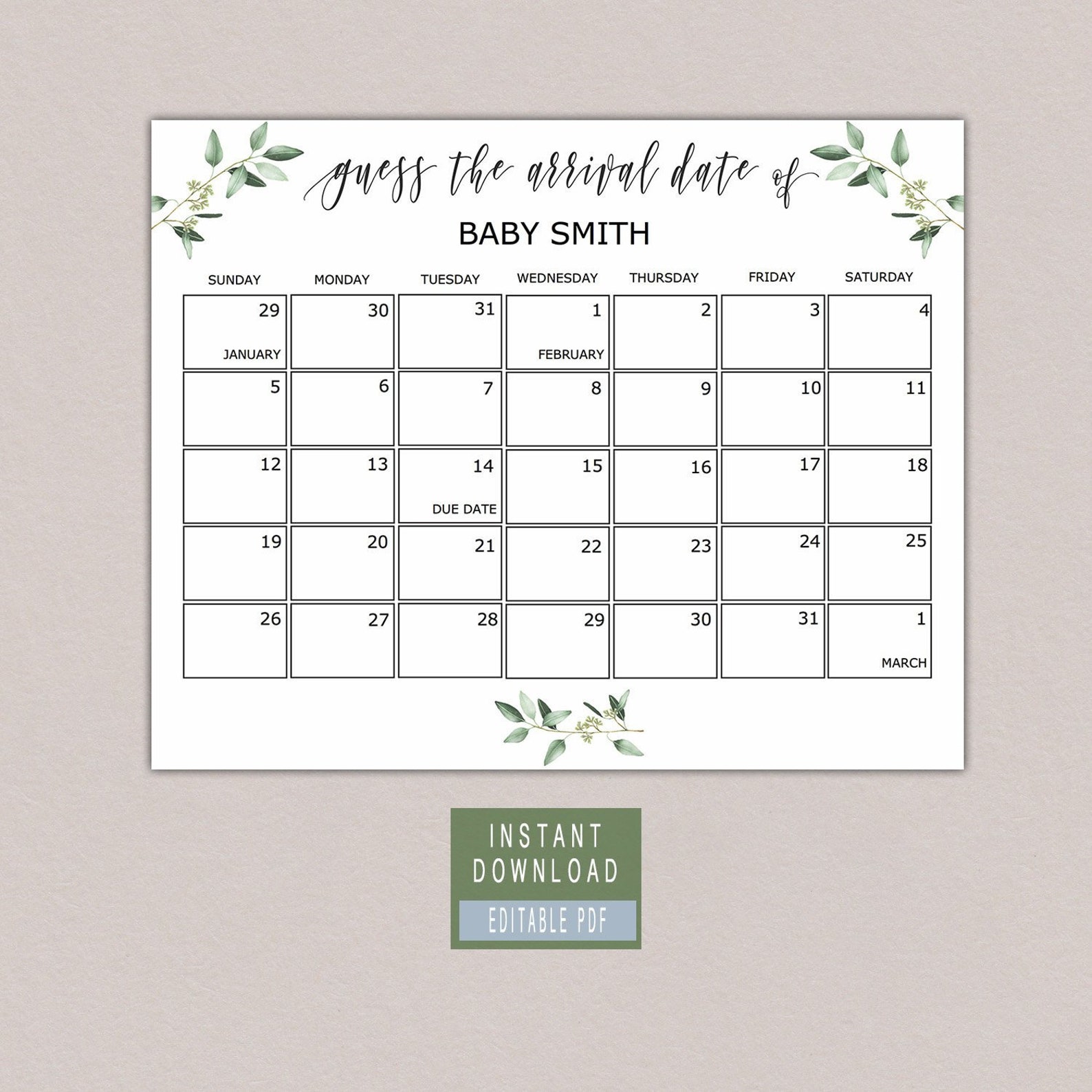 Due Date Calendar Template Baby Birthday Calendar Greenery Etsy
