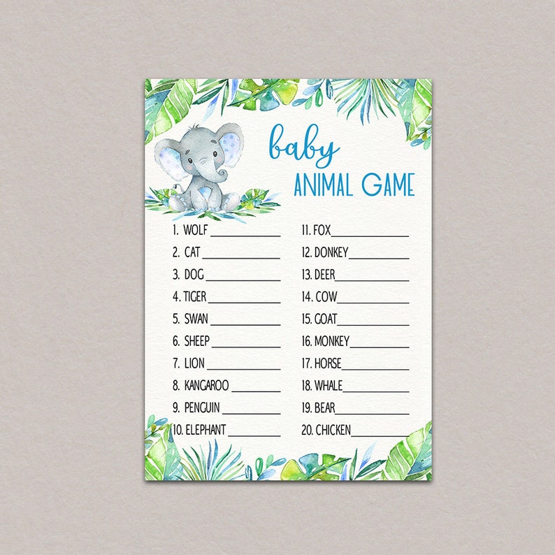 Boy Elephant Baby Shower Game Baby Animal Game Blue Elephant Etsy Boy Elephant Baby Shower Game Baby Animal Game Blue Elephant Etsy