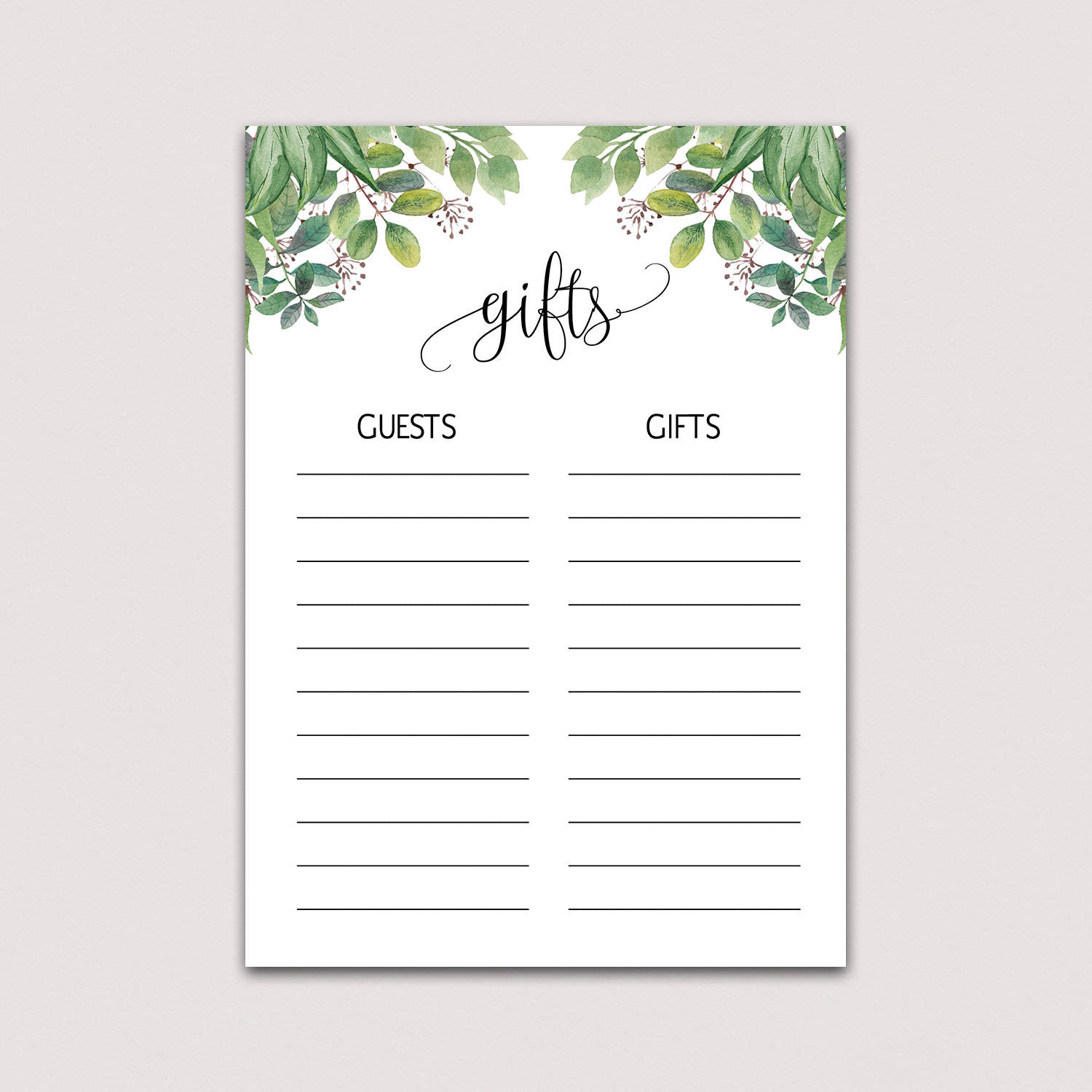 Greenery Gift List Bridal Shower Gift List Baby Shower Gift List Guest List Printable Gift Checklist