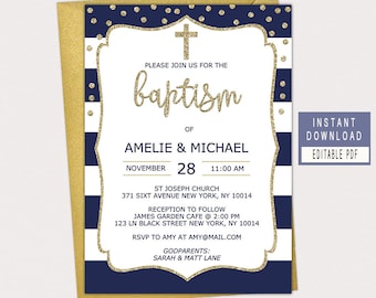 BAPTISM INVITATION instant download, navy baptism invitation, baptism invitation boy navy blue gold, baptism invite for twins boys, editable