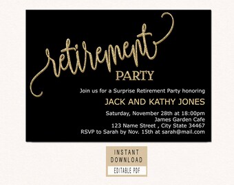 RETIREMENT INVITATION instant download, retirement invitation for woman man, retirement party invitations, black and gold retirement invites