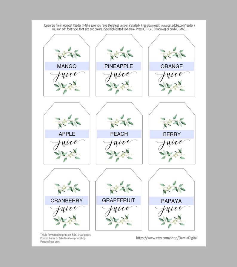 Juice tags for mimosa bar greenery bridal shower mimosa bar Etsy