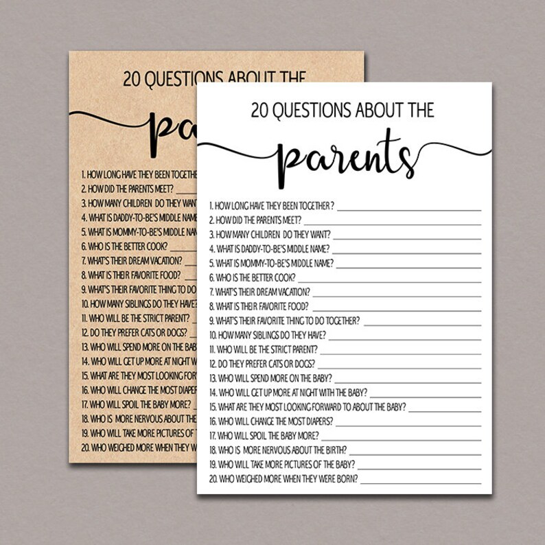20 Questions About the Parents Baby Shower Game Rustic Coed Etsy