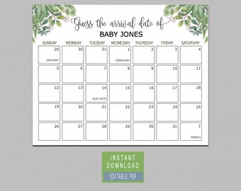 Greenery Guess baby birthday calendar, Baby Due Date Calendar, guess the due date, Green Leaves Baby Shower Game, predictions calendar B33