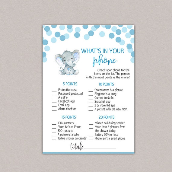 Elephant Baby Shower Games Boy Whats in Your Phone Baby Etsy