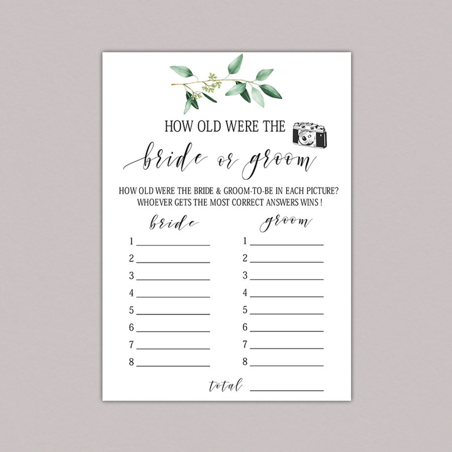 How old was the Bride and Groom game guess the age Greenery | Etsy