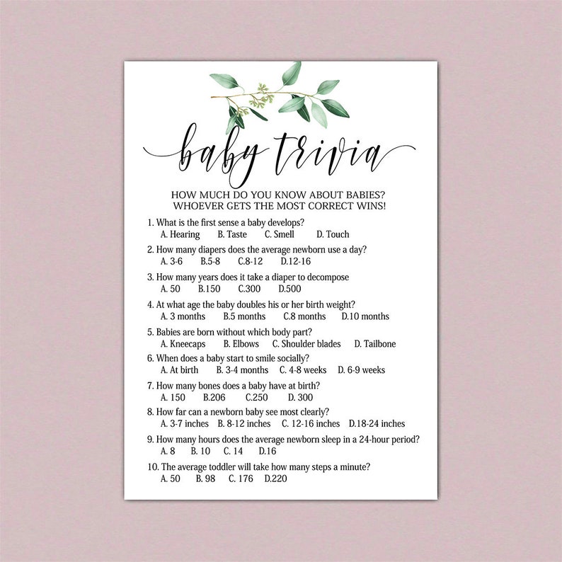 Baby Trivia Game Baby Shower Trivia Greenery Baby Shower Etsy
