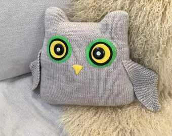 Owl cushion, hand knitted merino wool owl decorative cushion