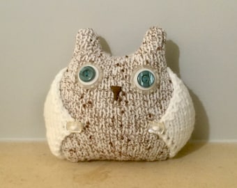 Brown and beige owl knitted gift,  Library decor