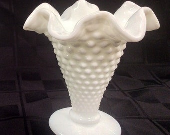 Fenton Hobnail White Milk Glass Trumpet Vase w/Graduated Sized Hobnails| Double Crimped Edges | Circa 1960s