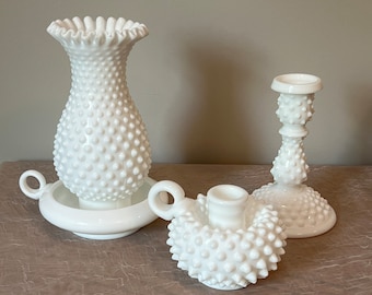 Vintage Hobnail Milk Glass Fenton Candle Stick | Choose From: 6" Candlestick, Handled Hurricane Candlestick Lamp, Or Handled Candlestick