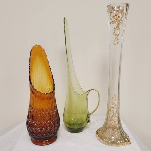 MCM Glass Swung Glass | Choose From: LE Smith Amber Simplicity Thousand Eyes Vase, Avocado Green Pitcher, Or Hand Painted Gold Gilded Vase