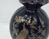 Vintage Satsuma Black Porcelain Gold-Rimmed Vase Peacock Floral Pattern Gold Trimmed Circa 1970s