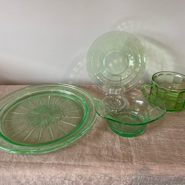 Vintage Green Uranium Glassware | Choose From: Handled Cake Plate I 2 Handle Dessert Dish I Open Sugar I  Hocking Glass Block Optic Plate