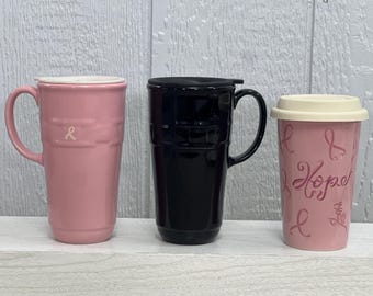 Longaberger Pottery Vitrified Travel Mug | Choose From: Pink Horizon of Hope w/Handle and Lid, Ebony w/Handle and Lid, Or Pink Tumbler w/Lid