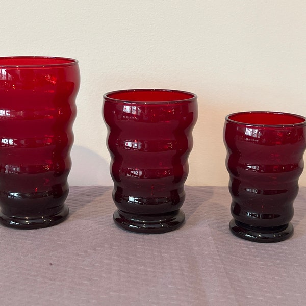 Vintage Anchor Hocking Ruby Red Whirly Twirly Glasses | Choose From: 5 oz Flat Tumbler, 9 oz Flat Tumbler, Or 12 oz Flat Tumbler