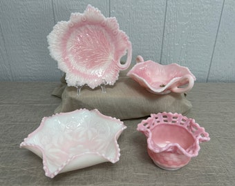 Vintage Pink Rosalene Fenton Glass | Choose From: Carolina Dogwood Bowl, Leaf Shape Dish, Butterfly Bonbon Dish, Or Basketweave Bowl