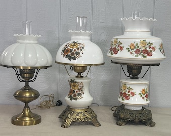 Vintage Gone With The Wind Hurricane Lamp | Choose From: Fall Bouquet(Brown/Orng/Tan), Melon-Shaped Brass Lamp, Or Yellow Roses w/Red Floral