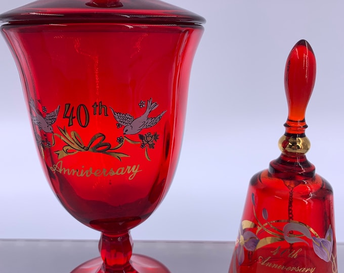 Featured listing image: Vintage 40th Anniversary Red Glass Items | Choose From: Viking Pedestal Lidded Candy Dish/Compote Or Fenton Hand-Painted Bell