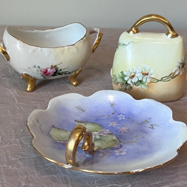 Gold Gilded Porcelain Ring/Trinket Dish | Choose From: Hand-Painted Floral Nappy Dish, T & V Limoge 2-Handled Dish, Or Handled Floral Bell