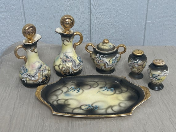 Vintage Raised Moriage Hinode Japan Porcelain Dragonware Condiment Set | Set Includes: Salt, Pepper, Oil, Vinegar, Mustard Jar w/Lid, & Tray
