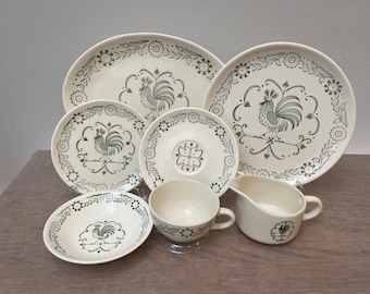 Scio Pottery Provincial(Green Rooster Weathervane) Pattern | Choose From: Dinner Plate, OvalPlatter, Dessert Bowl, Cup, Saucer, Or Creamer