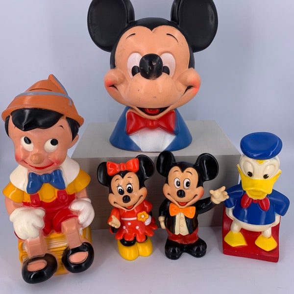 Walt Disney World Productions Plastic Piggy Coin Bank | Choose From: Mickey Head, Donald Duck, Pinocchio, Minnie, Or Mickey | Circa 1960s