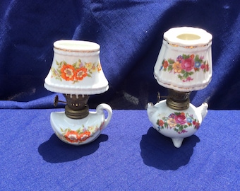 Vintage Mini Hurricane Style Porcelain Oil Victorian Farmhouse Lamps | Choose From: Porcelain w/Floral Bouquet Or Porcelain w/Orange Floral