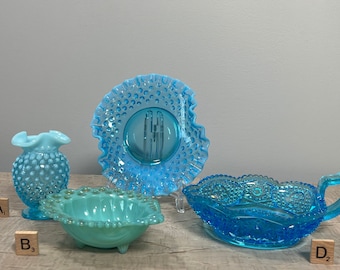 Vintage Fenton Bon Bon Dish, Opalescent Blue Hobnail Ruffle Glass