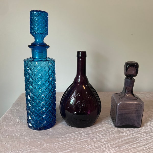 Vintage Decanter | Choose From: Blue Azure Diamond Cut Decanter w/Stopper, Purple Empire Glass Works, Or Purple Decanter w/Stopper