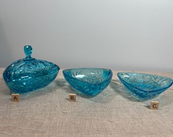 Hazel Atlas Capri Blue Pinwheel Glass | Choose From: Lidded Triangular Candy/Nut Dish Or Triangular Footed Ashtray/Candy Dish | Mid-Century
