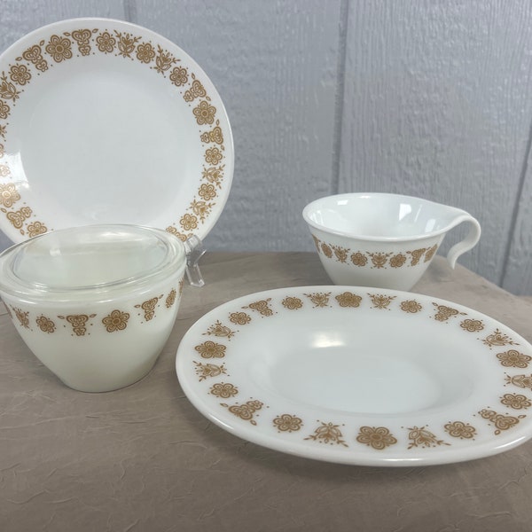 Vintage Corelle Butterfly Gold Pattern | Choose From: Bread/Butter Plate, Hook Handle Flat Cup, Lidded Sugar Bowl, Or Gravy Underplate