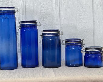 Vintage Blue Paneled Glass Canister w/Wire Bail Closures & Airtight Seals | Choose From: X-Large, Large, Medium, Small, Or X-Small