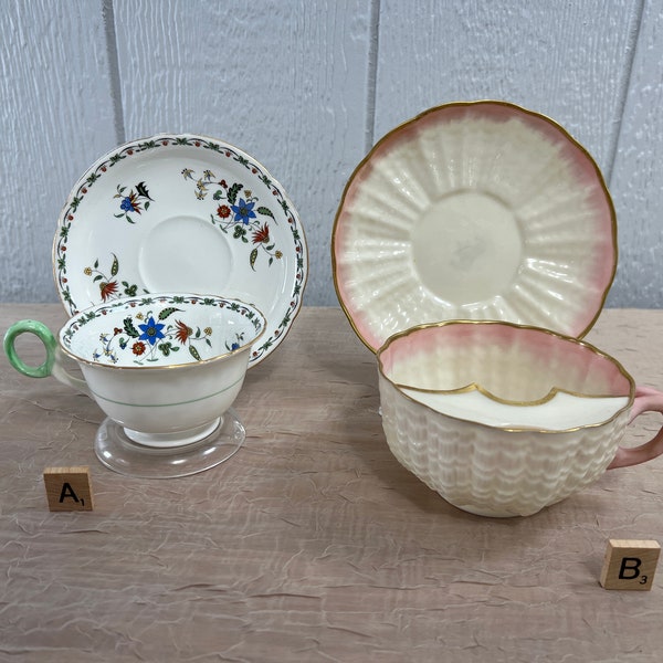 Fine Bone China Teacup/Saucer Sets | Choose From: Shelley Chelsea Or Large Rare Belleek Moustache Cup & Saucer