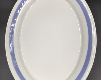 Arabia Of Finland Vintage "Ribbons Blue" Pattern 12" Oval Serving Platter | Blue Band White Background | Circa 1950-70s