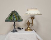 Vintage Table Desk Lamp Choose From Green Slag Glass Lamp Or Brass Hurricane 3-Way Lamp With Fitted Shade