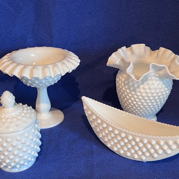 Vintage Fenton Hobnail Milk Glass | Choose From: Double Crimped Vase, Rolled Edge Pedestal Compote, Lidded Jelly Jar, Or Crescent Planters