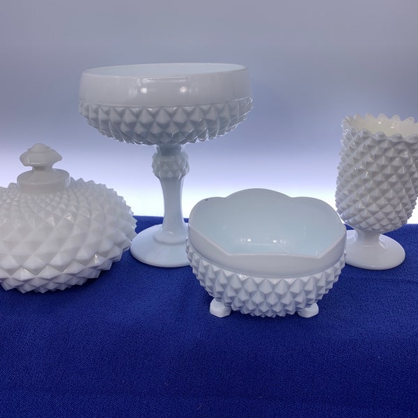 VTG Indiana/Westmoreland Diamond Hobnail Milk Glass | Choose From: Pedestal Compote, 3-Footed Bowl, Celery Dish/Vase, Or Sawtooth Candy Box